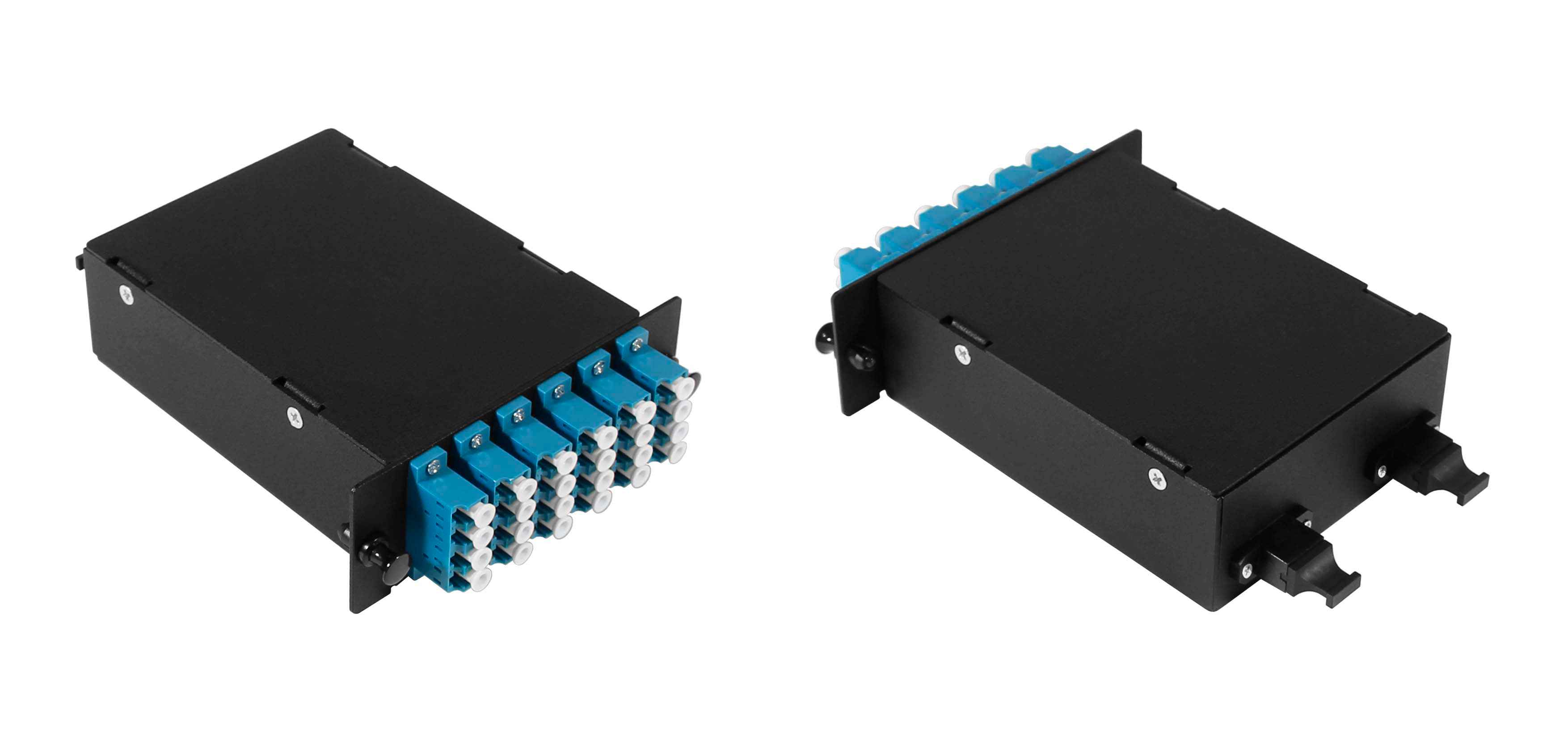Оптическая кассета Fplus Вега в сборе, SM (G.652.D) OS1/OS2, 24 волокна, 2MPO/APC male - 6QLC/UPC (синий) FC-9СD-24Q6-ABU52