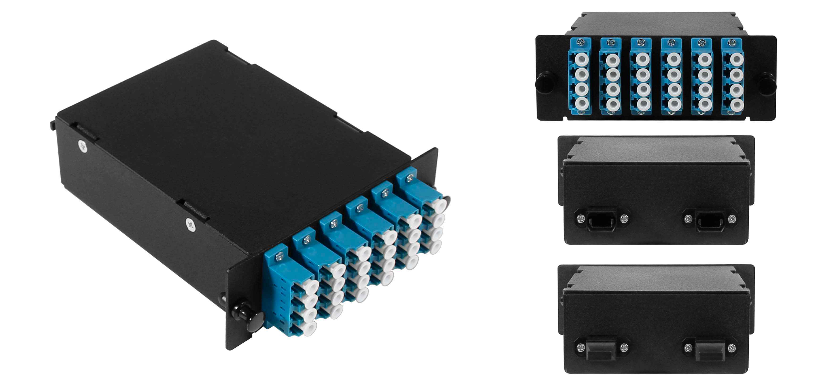 Оптическая кассета Fplus Вега в сборе, SM (G.652.D) OS1/OS2, 24 волокна, 2MPO/APC male - 6QLC/UPC (синий) FC-9СD-24Q6-ABU52