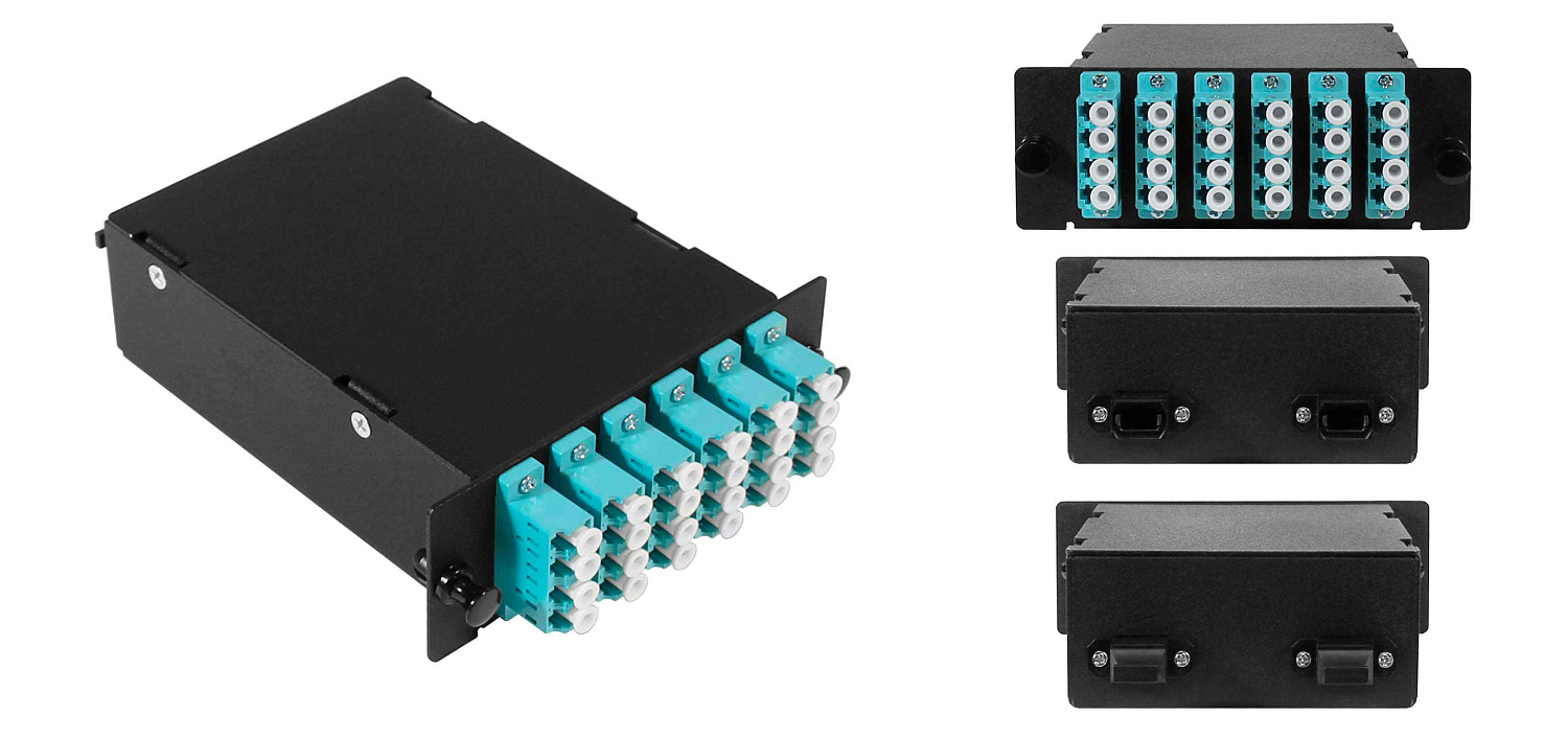 Оптическая кассета Fplus Вега в сборе, MM OM3, 24 волокна, 2MPO/UPC male - 6QLC/UPC (аква) FC-3СB-24Q6-AAQ52