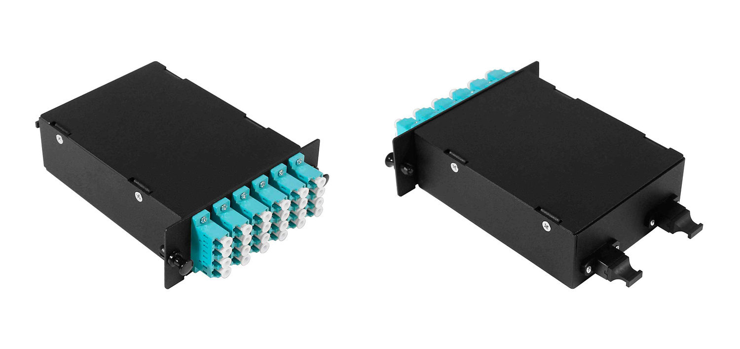 Оптическая кассета Fplus Вега в сборе, MM OM3, 24 волокна, 2MPO/UPC male - 6QLC/UPC (аква) FC-3СB-24Q6-AAQ52